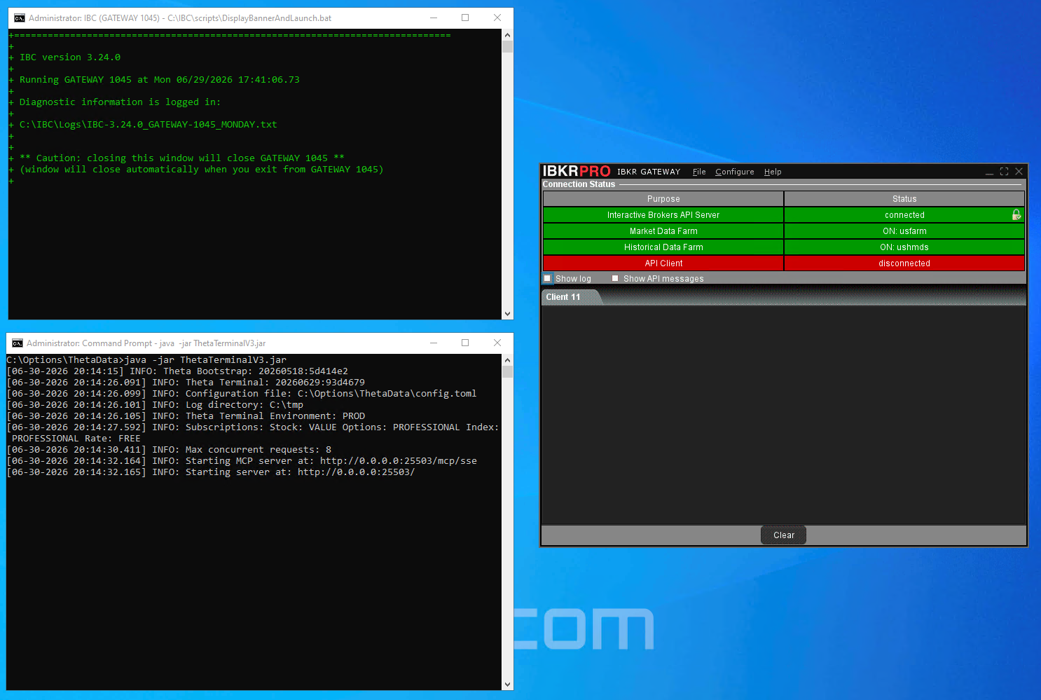The automated trading system's live infrastructure running on an always-on host: broker gateway connected and an independent market-data terminal used for cross-verification.